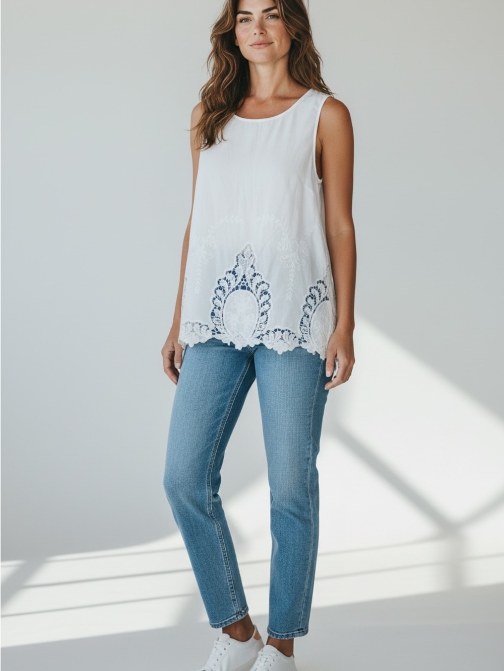 Cynthia Rowley Cotton Lace-Hem White Sleeveless Tank Top large